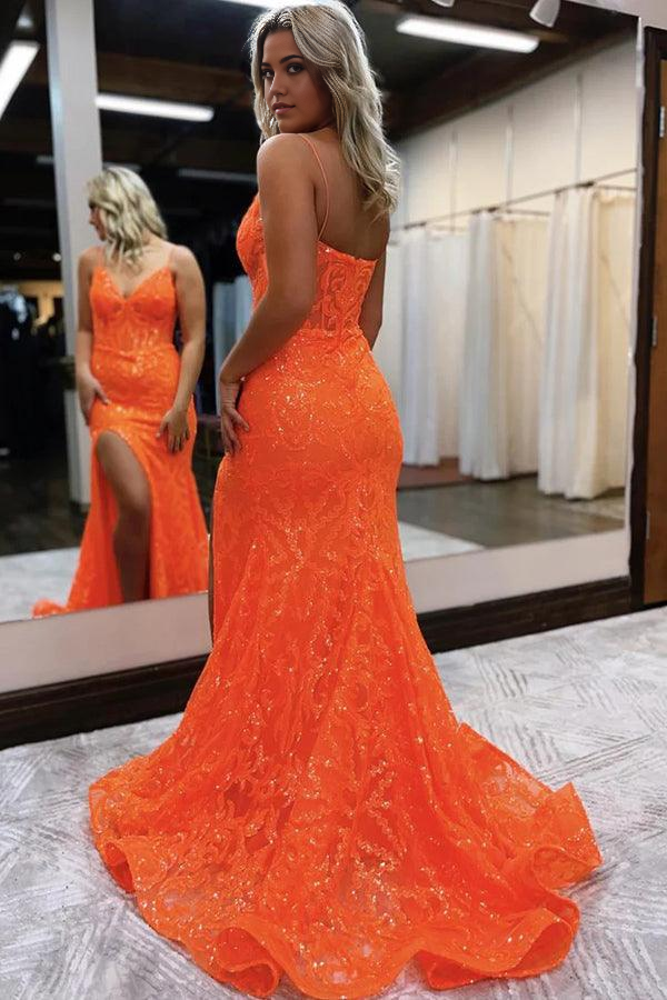 Mermaid Gorgeous Orange Sequins Lace Long Prom Dresses with Side Slit